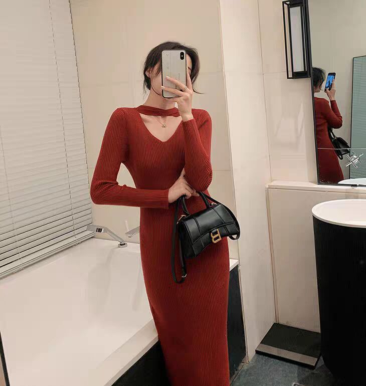 Xiaoxiangfeng Benmingnian Red Women's Fashion Christmas War Gown Sweater Knitted Dress Women's Winter Annual Meeting Dress