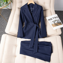 深蓝色长袖小西装领外套女裤子秋冬季新款两件套装职业装时尚气质