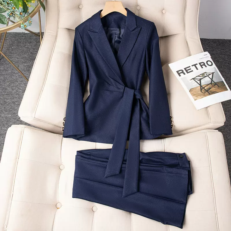 深蓝色长袖小西装领外套女裤子秋冬季新款两件套装职业装时尚气质
