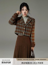 复古格子短款格纹西装套装女秋冬季新款西装领气质长袖通勤外套