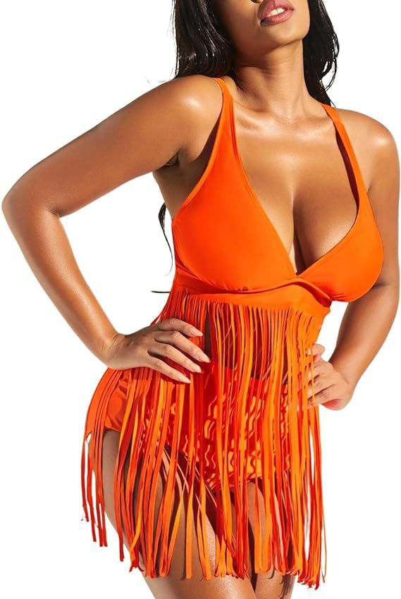 Bikini Set For Women Sexy Tassel Two Piece Solid Colour Swimsuit_voghion.com