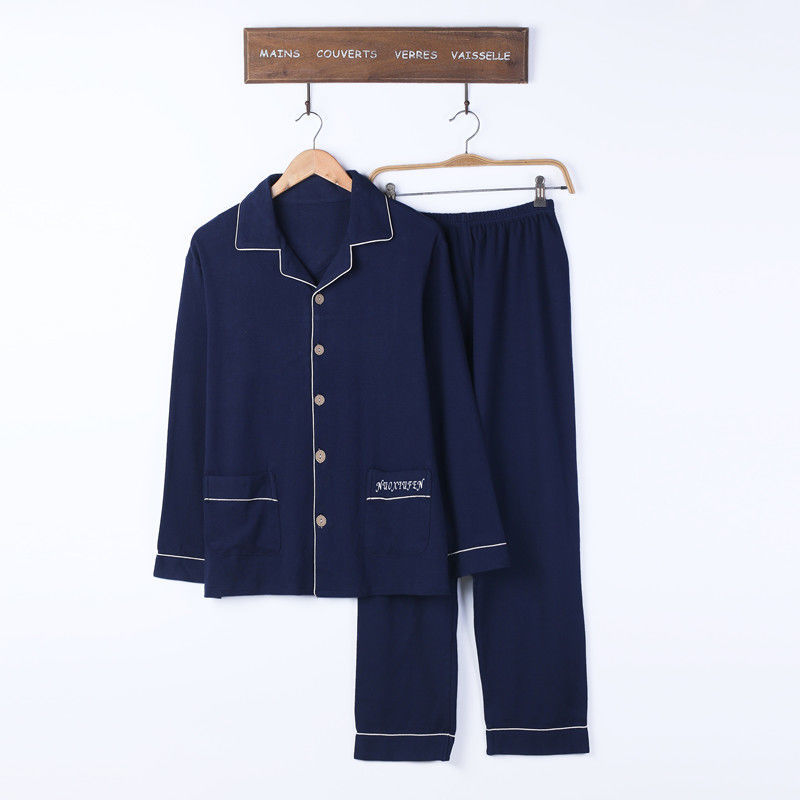 100% pijamas de algodón de primavera y otoño de los hombres de manga larga joven y de mediana edad Otoño e Invierno flojo cardigan traje de desgaste para el hogar