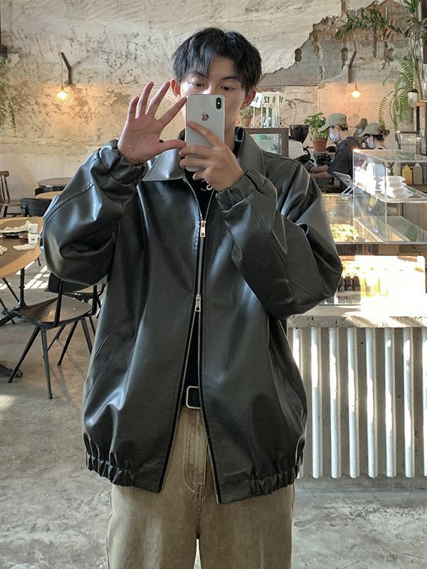 Abrigo de cuero de los hombres otoño americano retro moda marca pu guapo de alto grado sentido frito calle más tamaño suelta motocicleta pu chaqueta de cuero