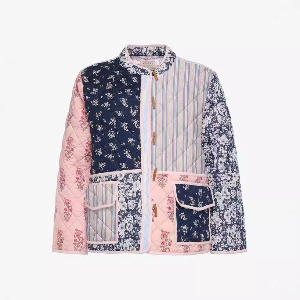 2024 Winter New Women's Stand up Collar Printed Quilted Loose Casual Splicing Cotton Coat for Women_voghion.com