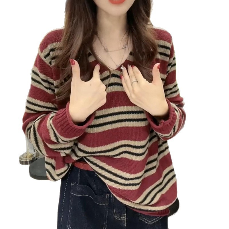 大码女装2025秋冬新款撞色条纹V领针织衫女时尚长袖减龄休闲毛衣|undefined
