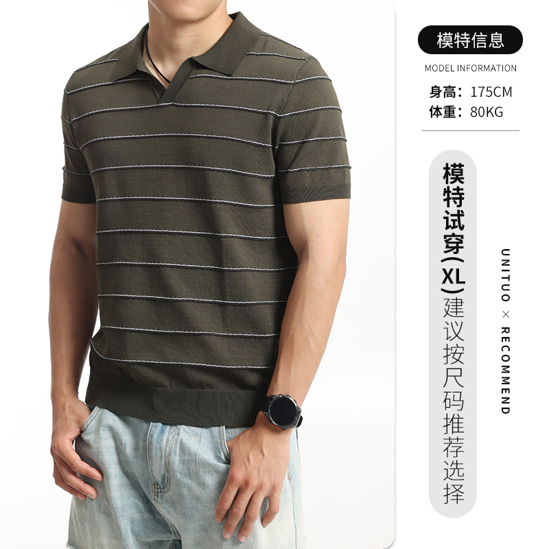 Hombres viejos ganancias de color contrastante tela de punto polo camiseta de verano de alto nivel de V-cuello camiseta de hombre casual de estilo europeo