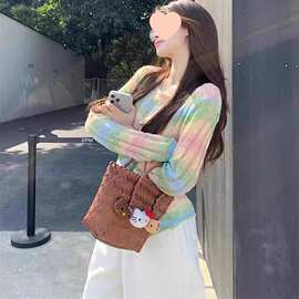 2026春夏彩虹条纹针织罩衫女 镂空防晒短款上衣 设计感圆领空调衫