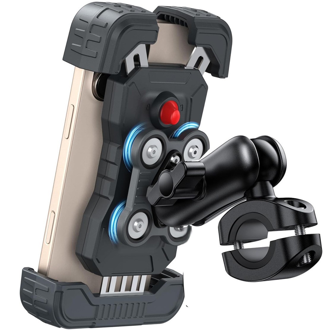Motorcycle phone holder with dual shock absorbers, metal anti-theft adjustable arm, suitable for motorcycles and electric bikes.