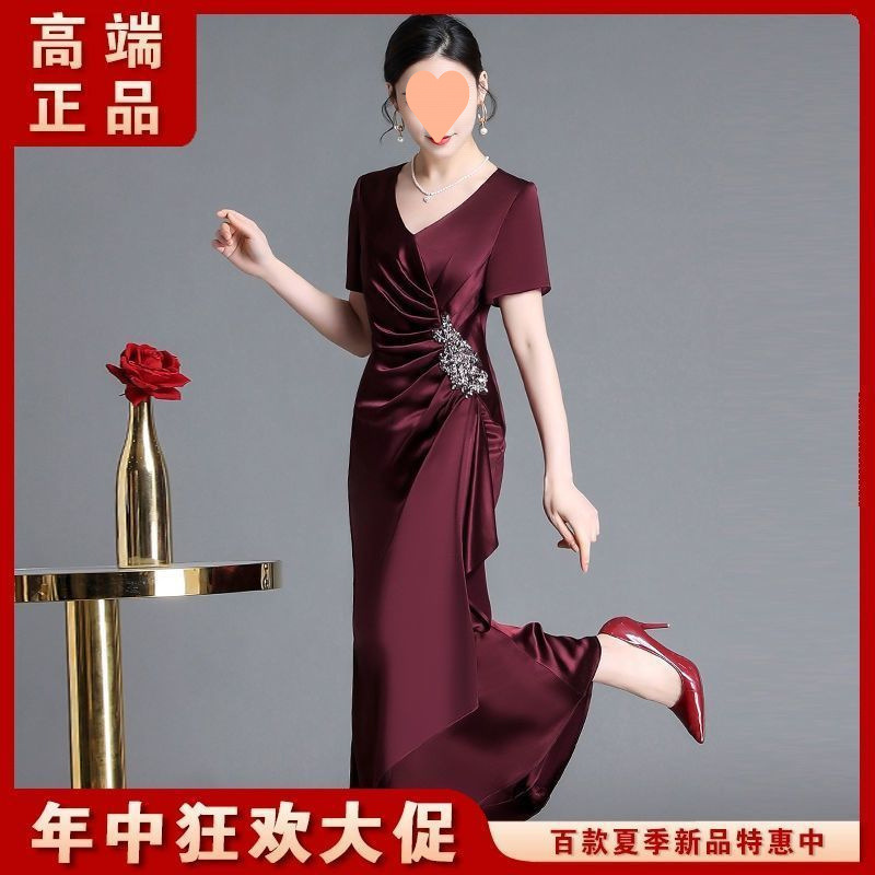 时尚高端喜婆婆婚宴礼服裙晚礼服夏季新款纯色重工镶钻长款连衣裙|undefined