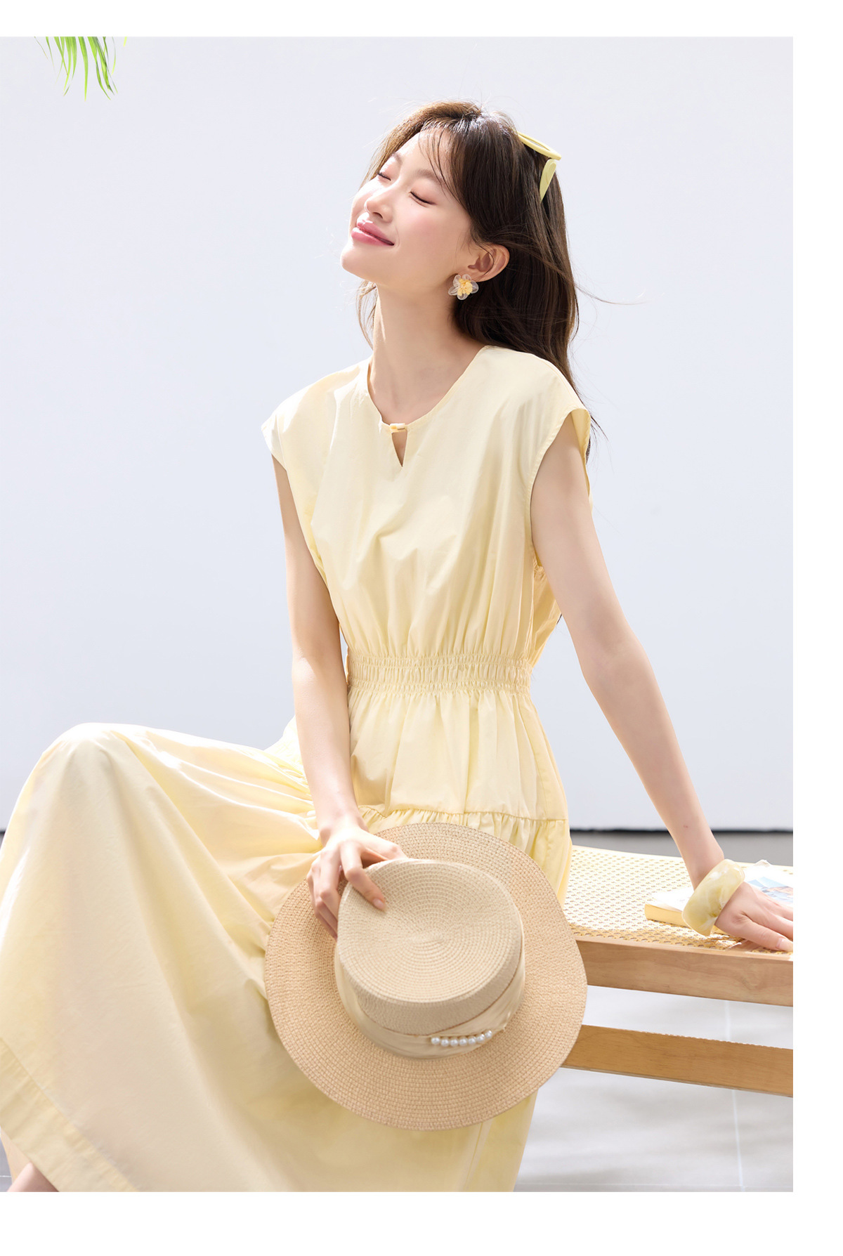 Đầm suông midi tay ngắn A chữ, kèm khăn choàng ren, dáng suông che khuyết điểm — màu trắng, màu vàng chi tiết 23