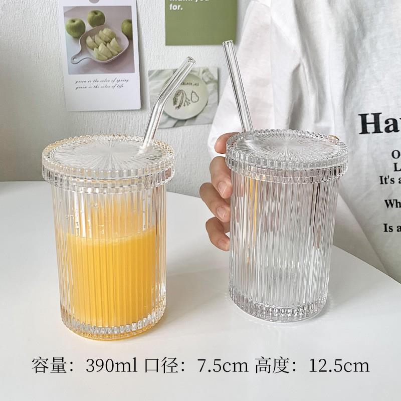 Viento a rayas taza de paja con tapa de cristal simple taza de agua taza del hogar taza de bebida taza de leche taza de desayuno jugo