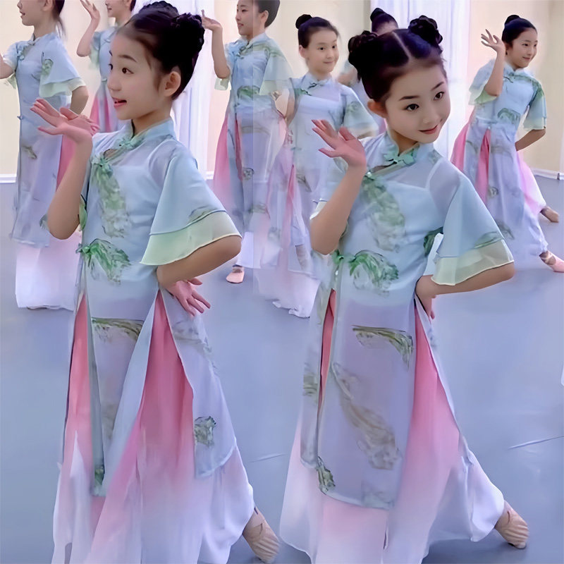 Classical Dance Qipao Set with Flowing Gauze Clothing, Practice Outfit, Ancient Style Fan Dance Hanfu Performance Costume for Women Classical Dance Qipao Set with Flowing Gauze Clothing, Practice Outfit, Ancient Style Fan Dance Hanfu Performance Costume for Women