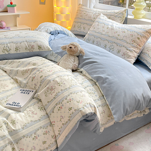  New Style Linen Four-Piece Set with Small Floral Patterns, Pure Cotton, Bed Sheet and Duvet Cover, Bed Skirt, Student Dormitory Three-Piece Set