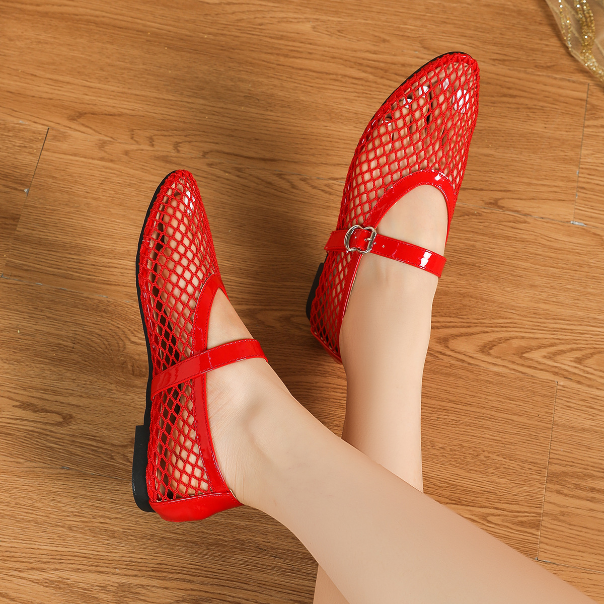 Women's round Toe Flat Fishnet Shoes Breathable Mesh Mary Jane Shoes with a Single Strap plus Sizes 35 45_vogvips.com