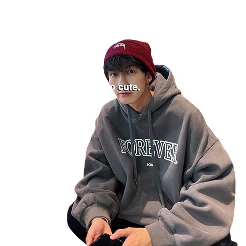 Korean-style trendy hooded sweatshirt with fleece lining, extra-thick design—men's loose-fit streetwear pullover for autumn, perfect as a student jacket or everyday top.