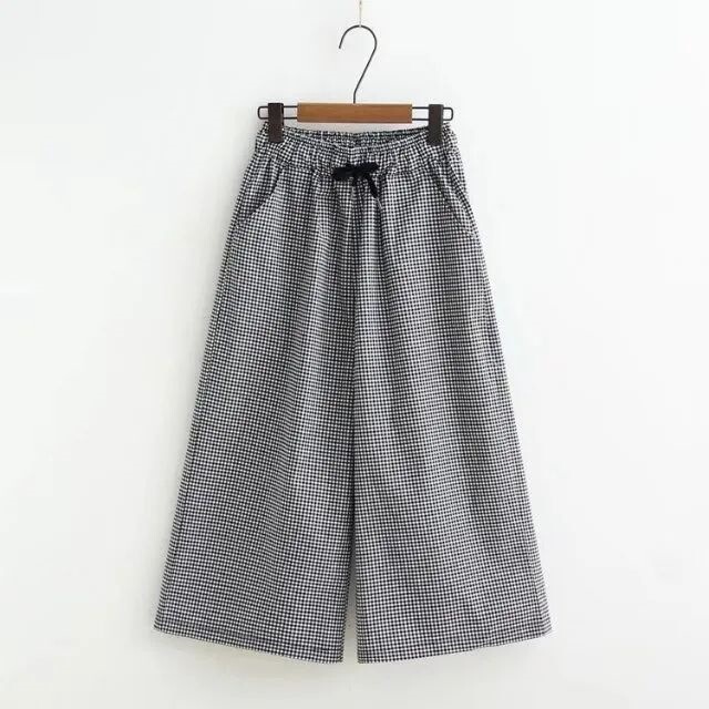 Cotton and Linen Plaid Cropped Pants for Women, 2026 Summer New Style, Elegant and Fashionable, Versatile, Plus-Size, Loose Wide-Leg Casual Pants
