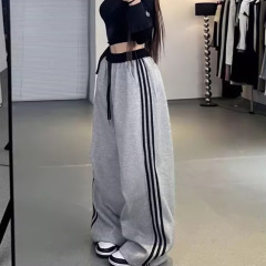 热销三条杠运动裤女春秋2025高腰直筒阔腿裤休闲宽松束脚卫裤