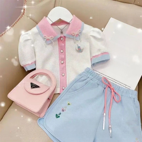Girls' Short Sleeve Set 2024 Summer New Children's Korean Style Polo Shirts and Shorts Fashion Two-Piece Set Trendy