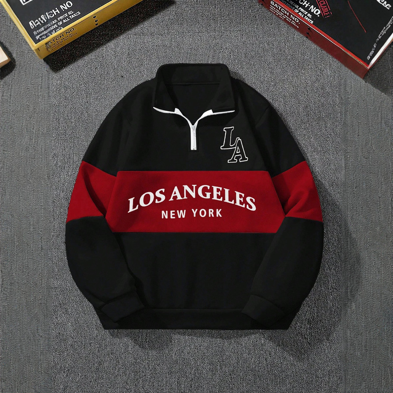 Black and Red Printed Half-Zip Stand Collar Sweatshirt La Lettered American Casual Pullover Top Black and Red Printed Half-Zip Stand Collar Sweatshirt La Lettered American Casual Pullover Top