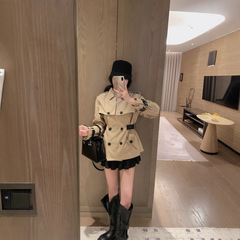 深圳南油秋季新款卡其色收腰风衣 动物印花超高级显瘦女外套