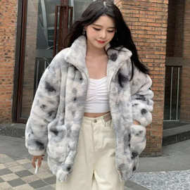 跨境毛外套女季冬季韩版加厚中长款扎染兔毛毛绒仿皮草大衣