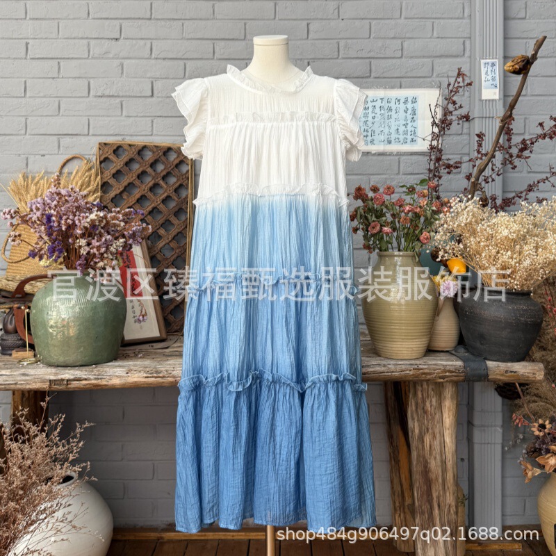 Handmade Tie-Dye Blue-Dyed Blue and White Dyed Flying Sleeves Loose Gradient Dress Mid-Length Skirt Age-Reducing Cultural and Creative Travel Women's Clothing