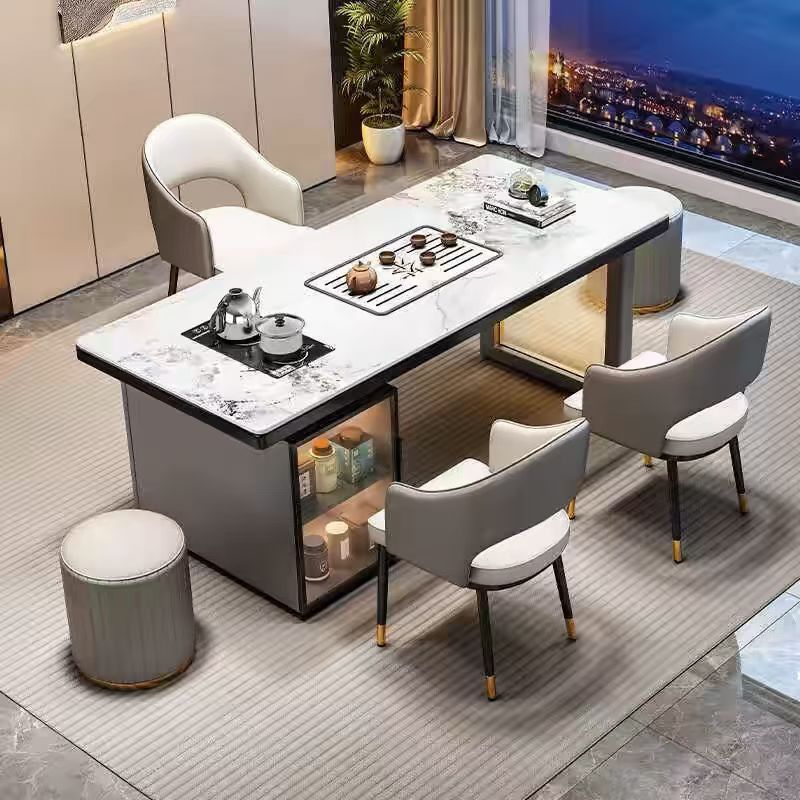 Red de Internet mesa de té de losa de roca de lujo ligero de estilo italiano, un conjunto completo de mesas y sillas de té de kung fu de oficina, mesa de té rectangular