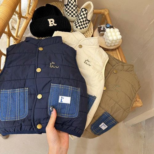 Children's Cotton Vest  Winter Model, Girls' Thick Vest, Boys' Fleece-Lined Back Vest Outerwear, Cotton Clothing