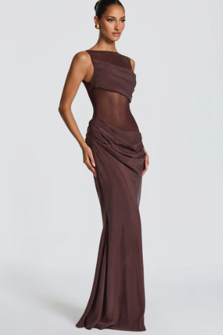 Women's Solid Color Patchwork Slim Fit Dress - Sheer Draped Evening Gown For Sophisticated Style_ecoleips.com