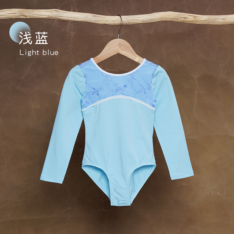 Traje de baile para niños Traje de entrenamiento de manga larga de otoño para mujer Traje de ballet de red suave bordado Espectáculo de ropa de entrenamiento de gota de agua