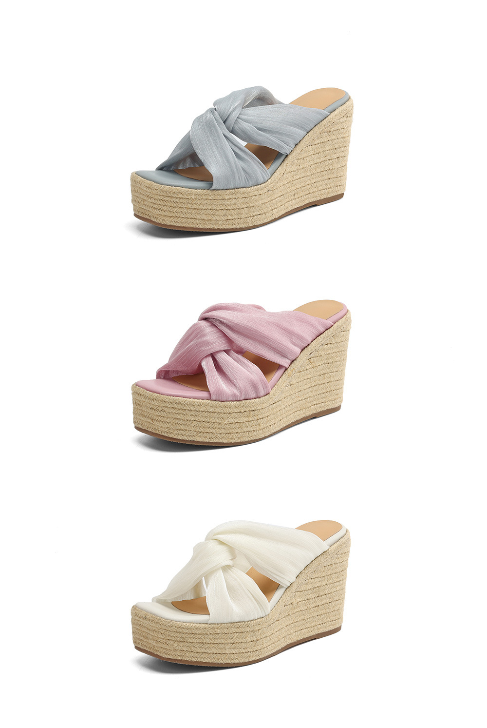 Dép sandal nữ quai chéo đế xuồng dệt rơm, hở mũi lưới, đế dày tăng chiều cao — Màu hồng, Màu trắng be, Màu xám chi tiết 22
