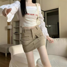 卡其色牛仔半身裙女夏季2024新款高腰显瘦小众口袋A字短裙包臀裙