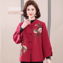 妈妈装秋冬加肥加大码毛衣唐装高贵刺绣中老年女秋装喜庆羊绒外套