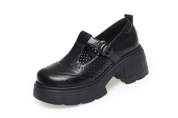 Sandal cao gót đế dày nữ hở mũi, thoáng khí mùa hè, da thật — Màu be chi tiết 7