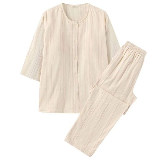 Japanese Banshu Weaving Women's Pure Cotton Pajamas with Breast Pads, Colorful Round Neck Double-Layer Gauze Spring and Summer Home Clothes