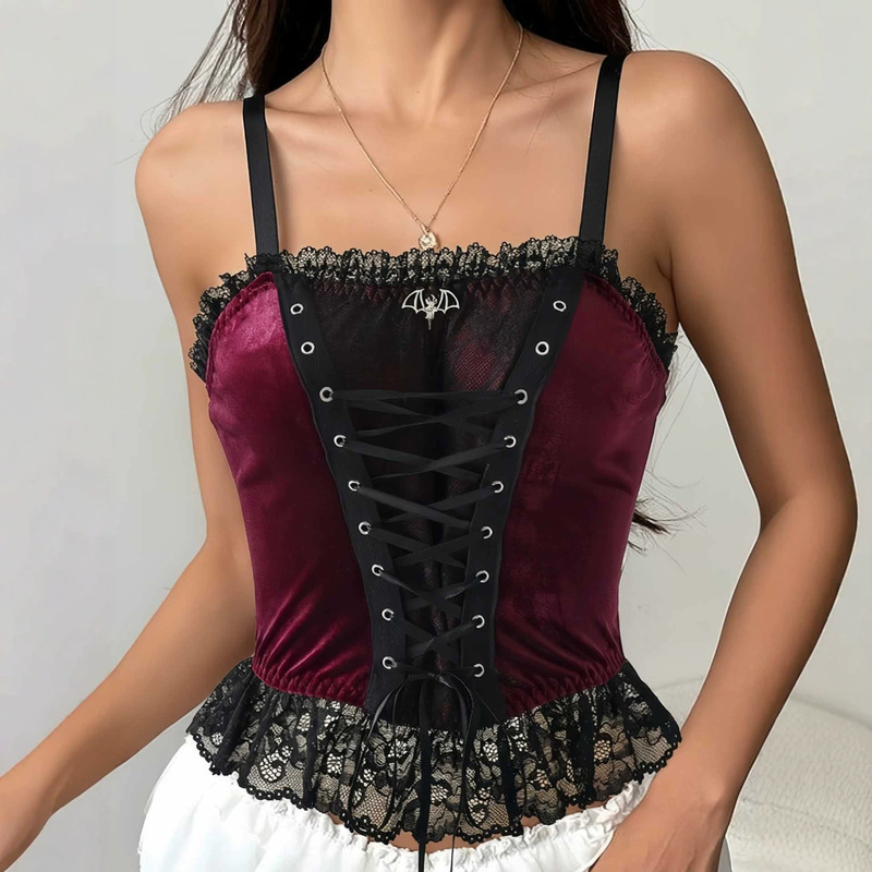 Cross-border dark velvet lace-up lace splicing corset camisole Halloween gothic style sexy outerwear top Cross-border dark velvet lace-up lace splicing corset camisole Halloween gothic style sexy outerwear top