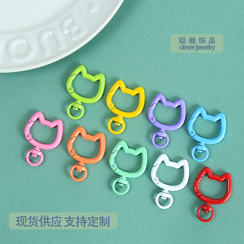 Dopamine Paint-Coated Cat Head Spring Buckle Keychain Ring DIY Bead Accessories Bag Pendant Handmade Materials Wholesale