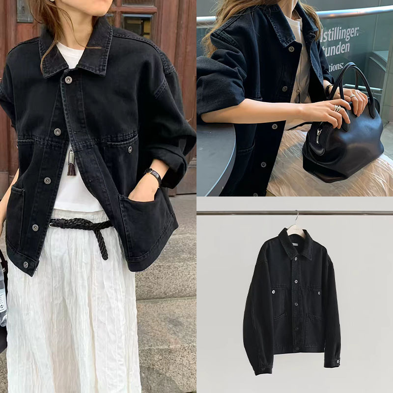 Fan Sun·Xh Korean-Style Loose Casual Black Denim Jacket with Turn-Down Collar, Dongdaemun Autumn New Single-Breasted Jacket
