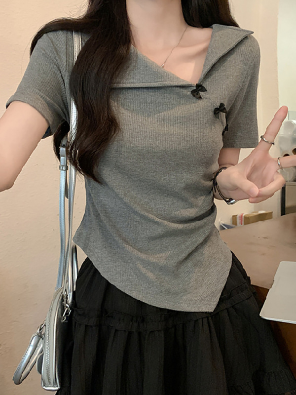 2025 半袖右肩 Tシャツレディース夏スリムフィット不規則なニッチデザインユニークで美しいピンチウエストトップ|undefined