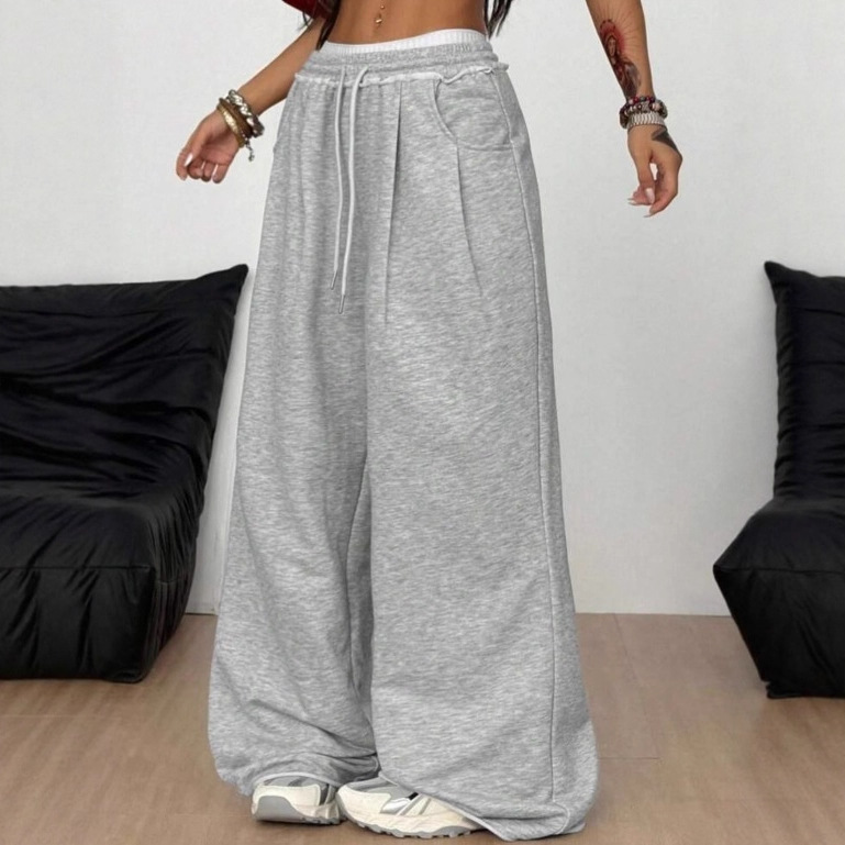 Cuerdas transfronterizas cintura elástica gris pantalones de pierna ancha para mujeres primavera y otoño cintura alta sensación vertical rectas sueltas pantalones casuales