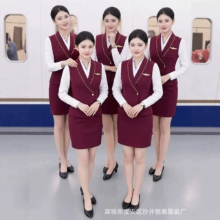 酒红色职业西装马甲套装女春秋高铁乘务员空姐制服接待工作服西服