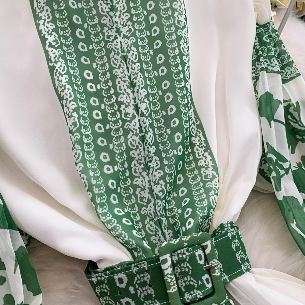 Retro Printed Dress With Stand Collar And Lantern Sleeves_voghion.com
