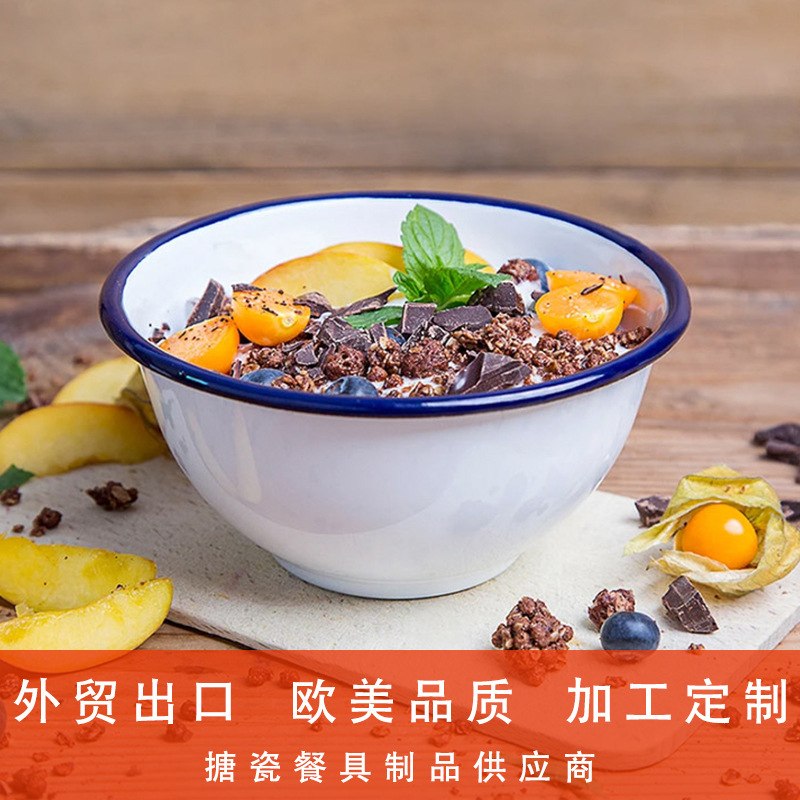 Japanese South Korea quality enamel bowl with printing pattern high temperature baked Flower Camping with dot enamel bowl metal footed bowl