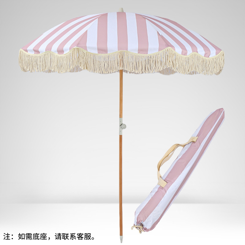 Outdoor Pink and White Striped Tassel Beach Umbrella, Scenic Beach Leisure Sunshade Umbrella, Hotel Decorative Patio Umbrella