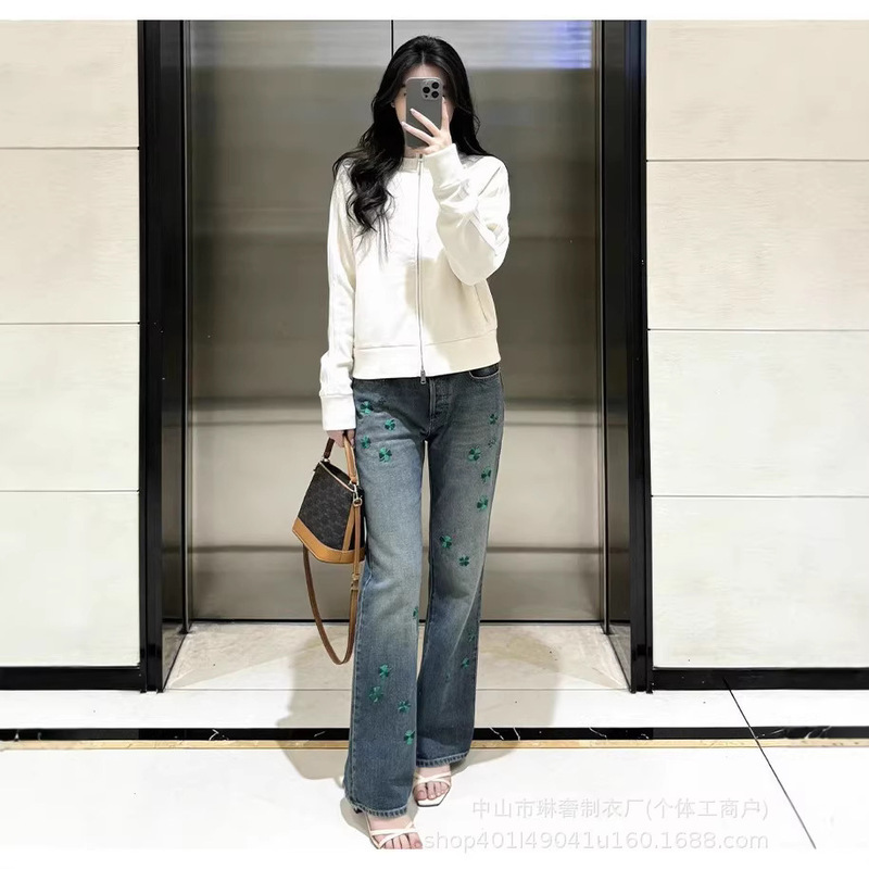 Shenzhen Nanyou C-D26 Spring New Fashion High-End Four-Leaf Clover Embroidery High-Waisted Straight-Leg Slimming Jeans for Women