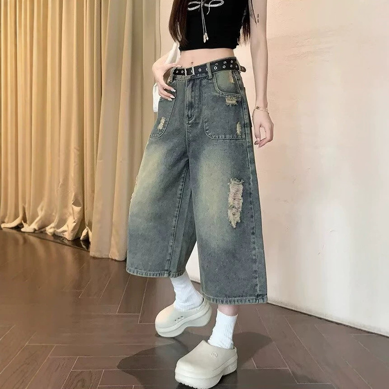 Stylish American-Style Ripped Jeans for Women, Summer Niche Straight High-Waisted Retro Wide-Leg Cropped Pants, Cotton Stylish American-Style Ripped Jeans for Women, Summer Niche Straight High-Waisted Retro Wide-Leg Cropped Pants, Cotton