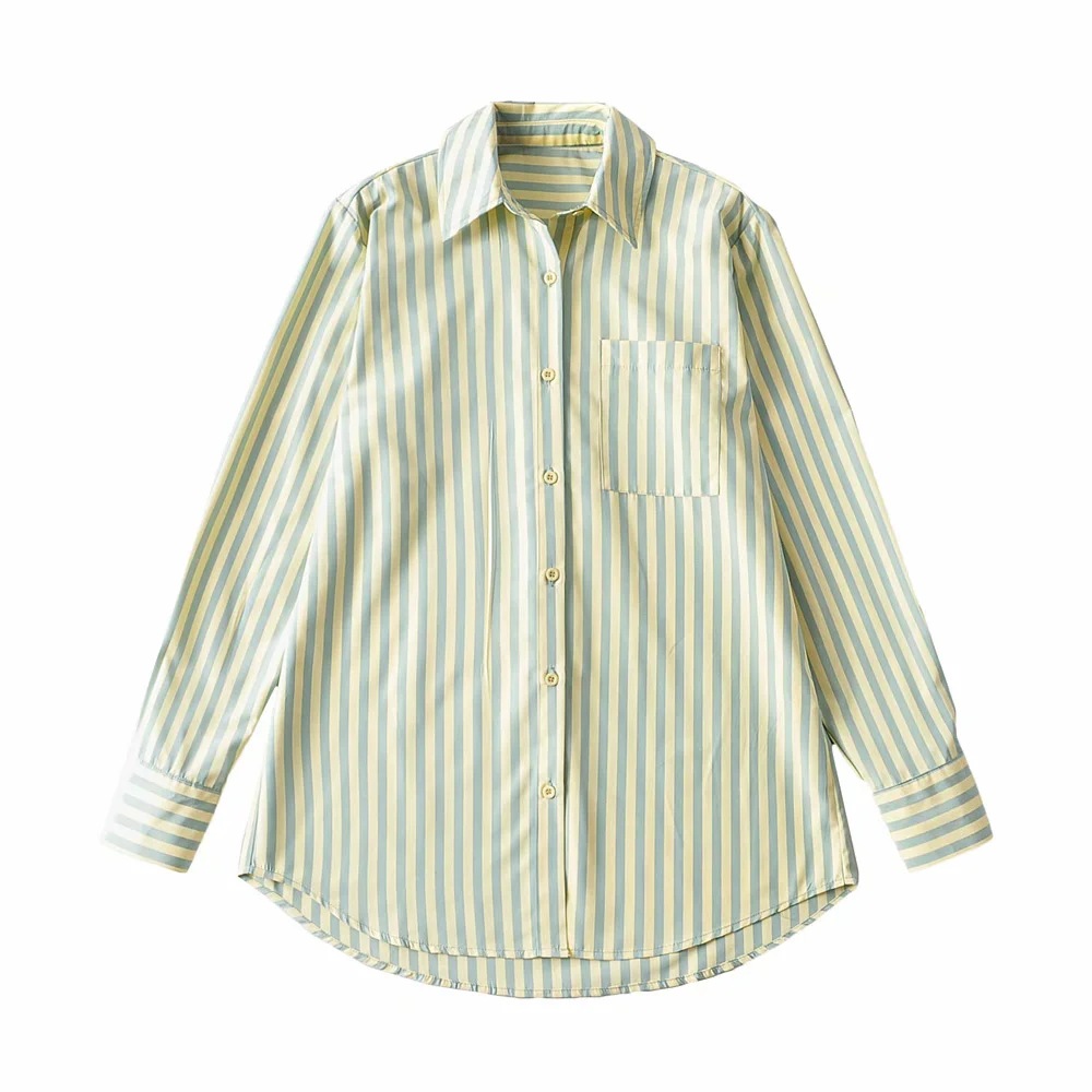 lapel long sleeve loose striped shirt   NSAC45757