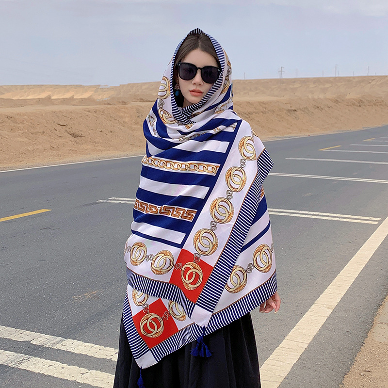 Nueva moda estilo étnico cadena impresa algodón y lino sensación bufanda Yunnan viaje chal desgaste exterior protector solar bufanda para las mujeres