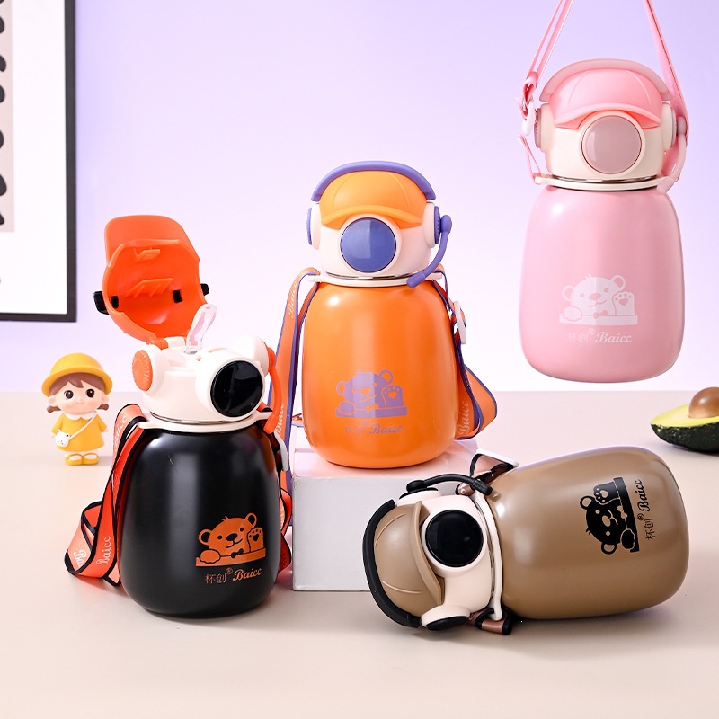 lindas tazas de niños ins niñas de alto valor facial tazas de estómago grandes auriculares oso portátil tazas de alumno de paja de acero inoxidable