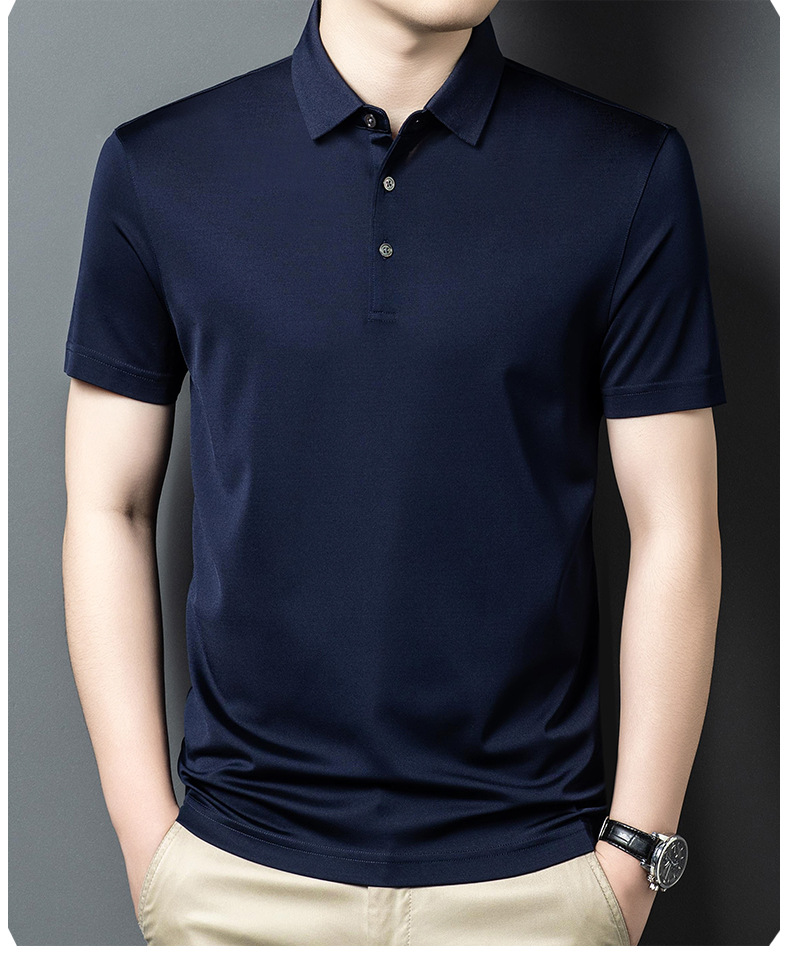 Áo polo nam tay ngắn lụa tơ tằm cổ bẻ mỏng nhẹ — Màu xanh dương JS1601077 chi tiết 16